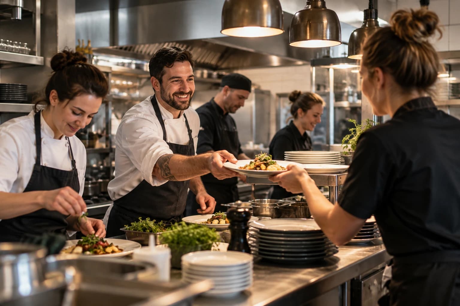 Küchen- und Serviceteam arbeitet gemeinsam während des Restaurantbetriebs