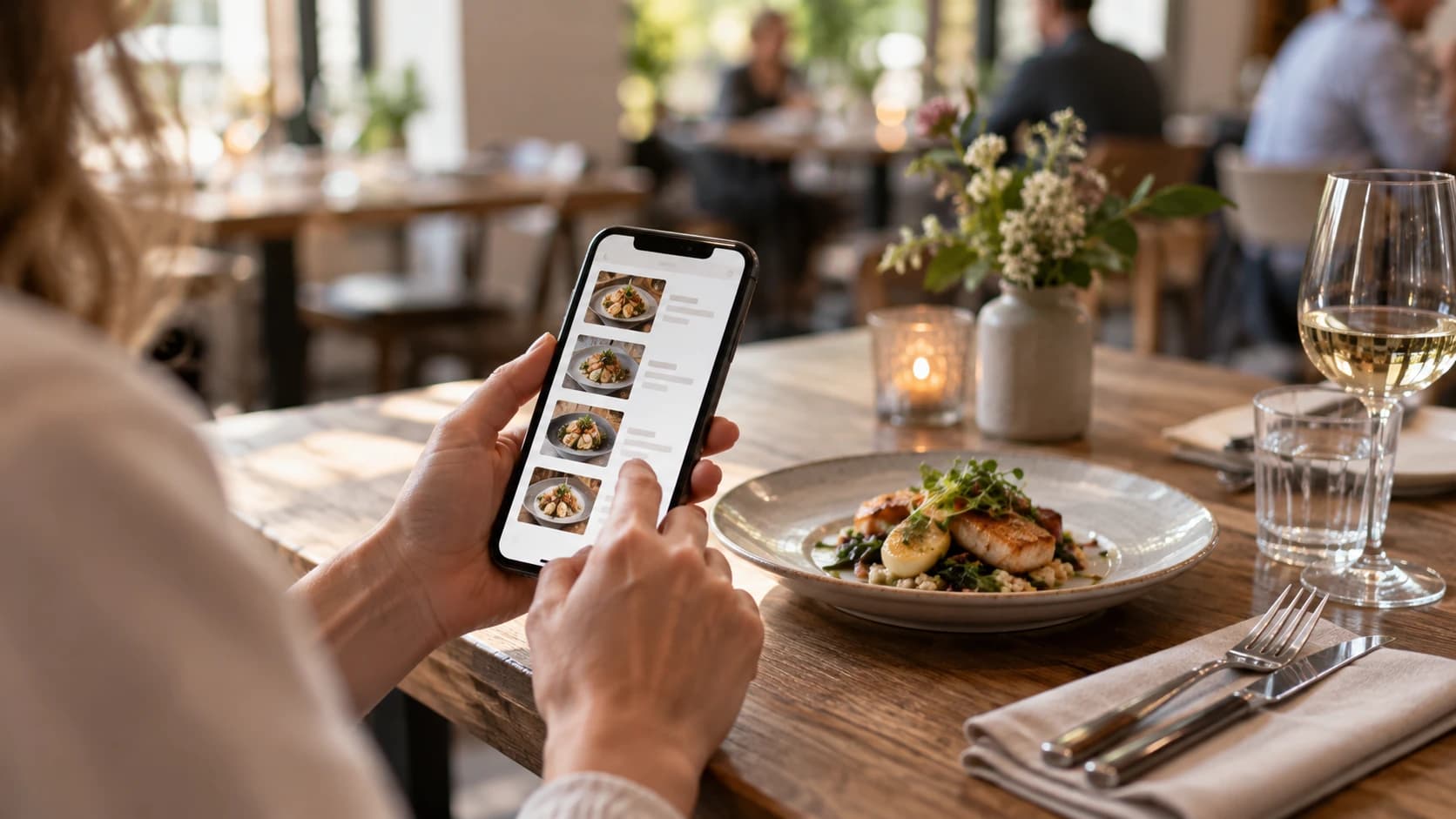 Gast betrachtet eine digitale Speisekarte auf dem Smartphone neben einem servierten Gericht