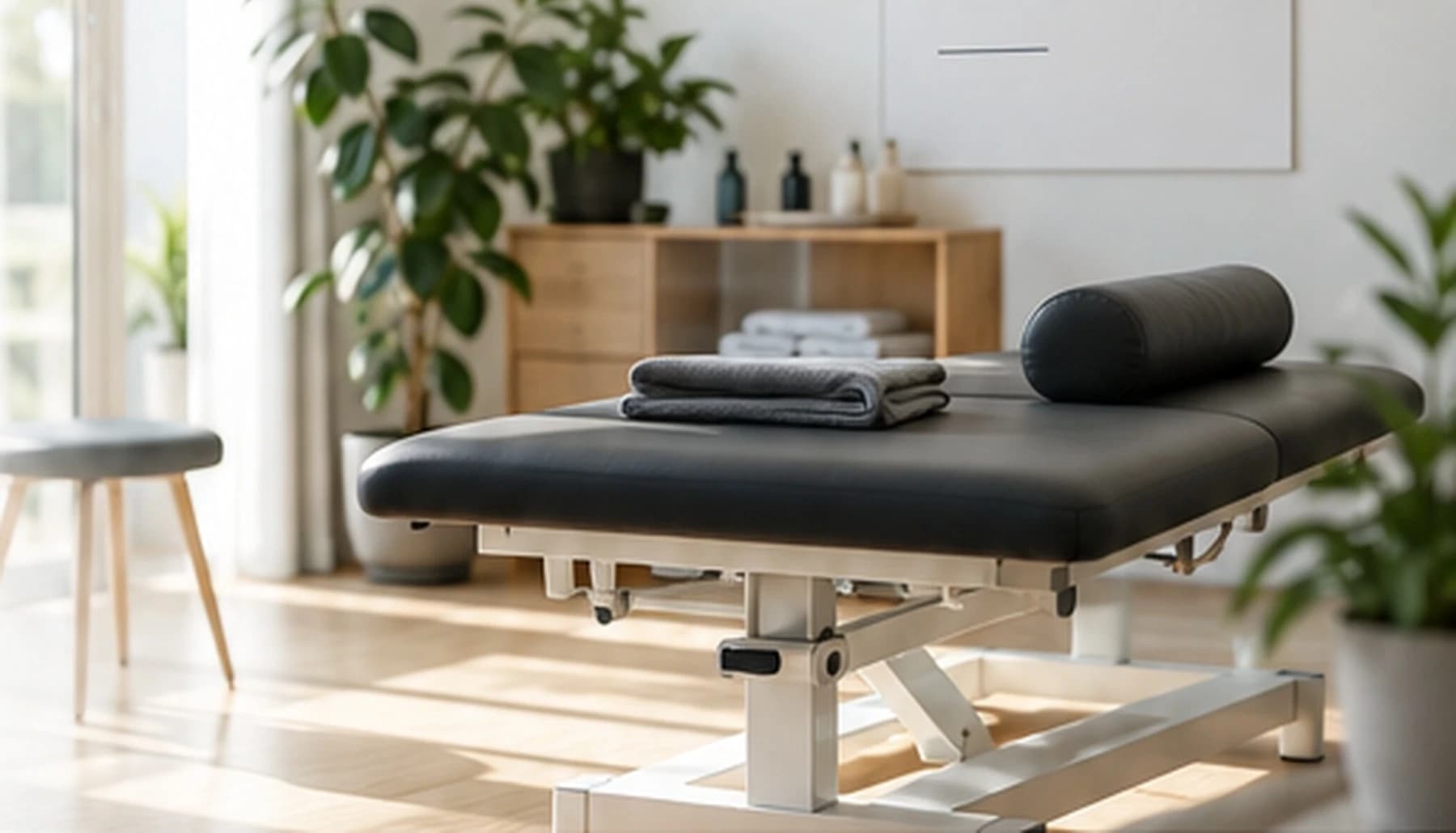 Heller moderner Behandlungsraum einer Physiotherapiepraxis mit Behandlungsliege