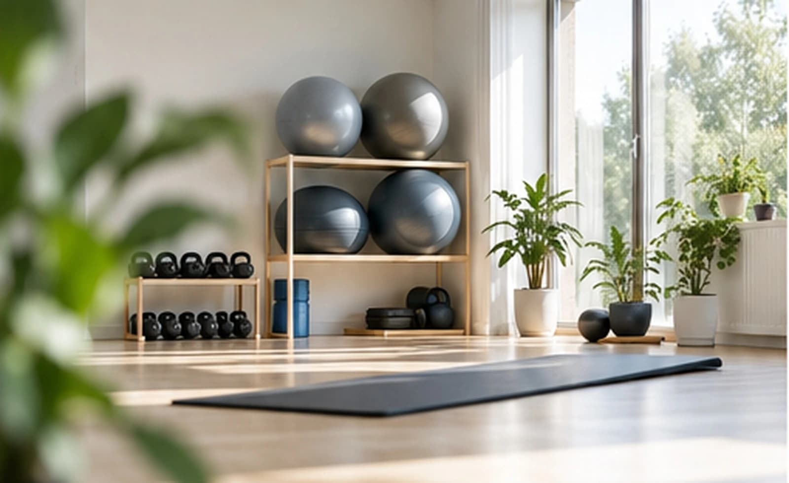 Heller Trainingsbereich einer Therapiepraxis mit Matten, Kettlebells und Gymnastikbällen