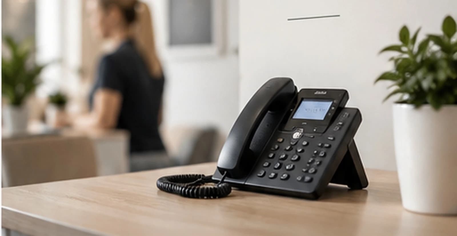 Telefon an der Rezeption einer Therapiepraxis während im Hintergrund gearbeitet wird