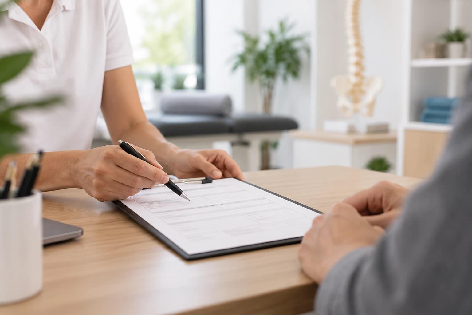 Therapeutin bespricht in einer hellen Physiotherapiepraxis neutrale Unterlagen mit einem Patienten