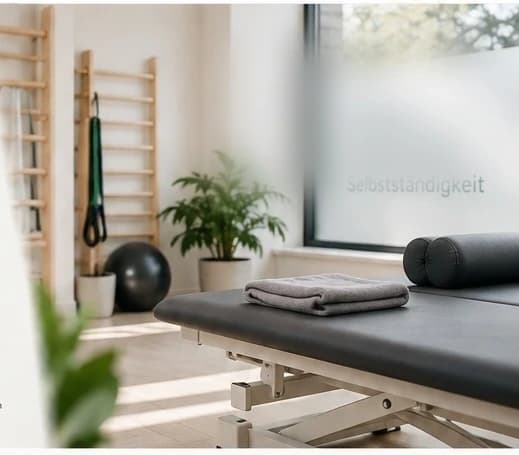 Breit zugänglicher heller Therapieraum mit frei erreichbarer Behandlungsliege