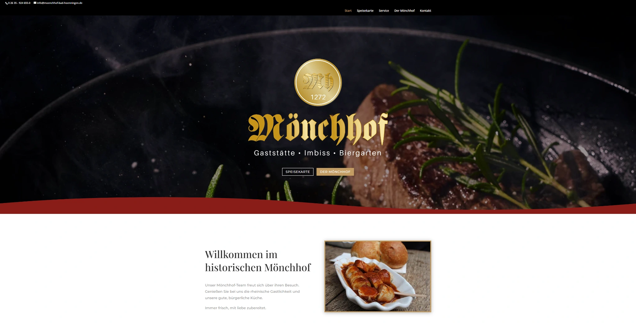 Website-Preview des Mönchhof Bad Hönningen mit dunklem Hero und digitalem Gastronomieauftritt