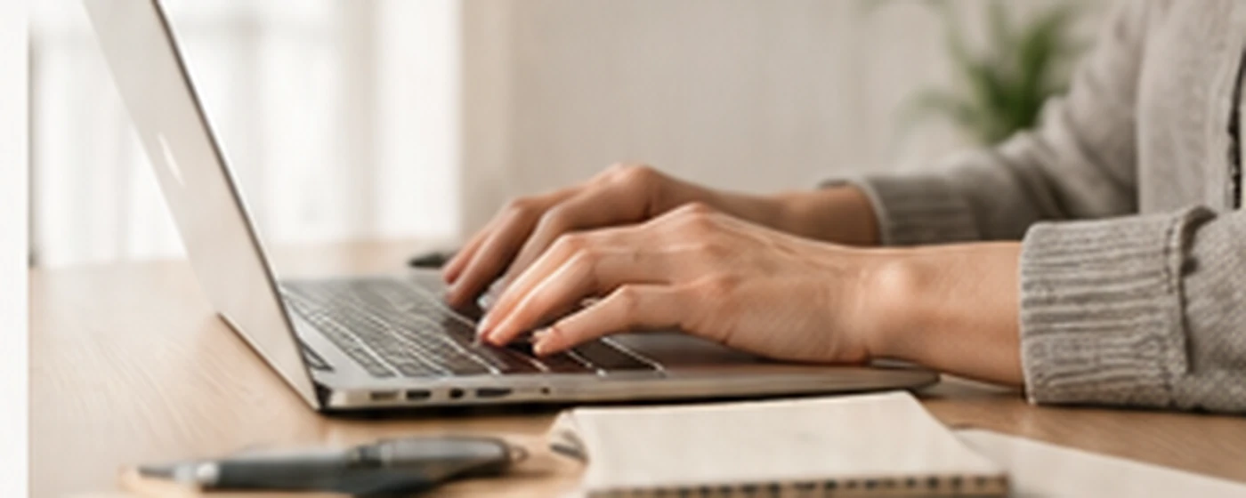 Person aktualisiert Praxisinformationen an einem Laptop