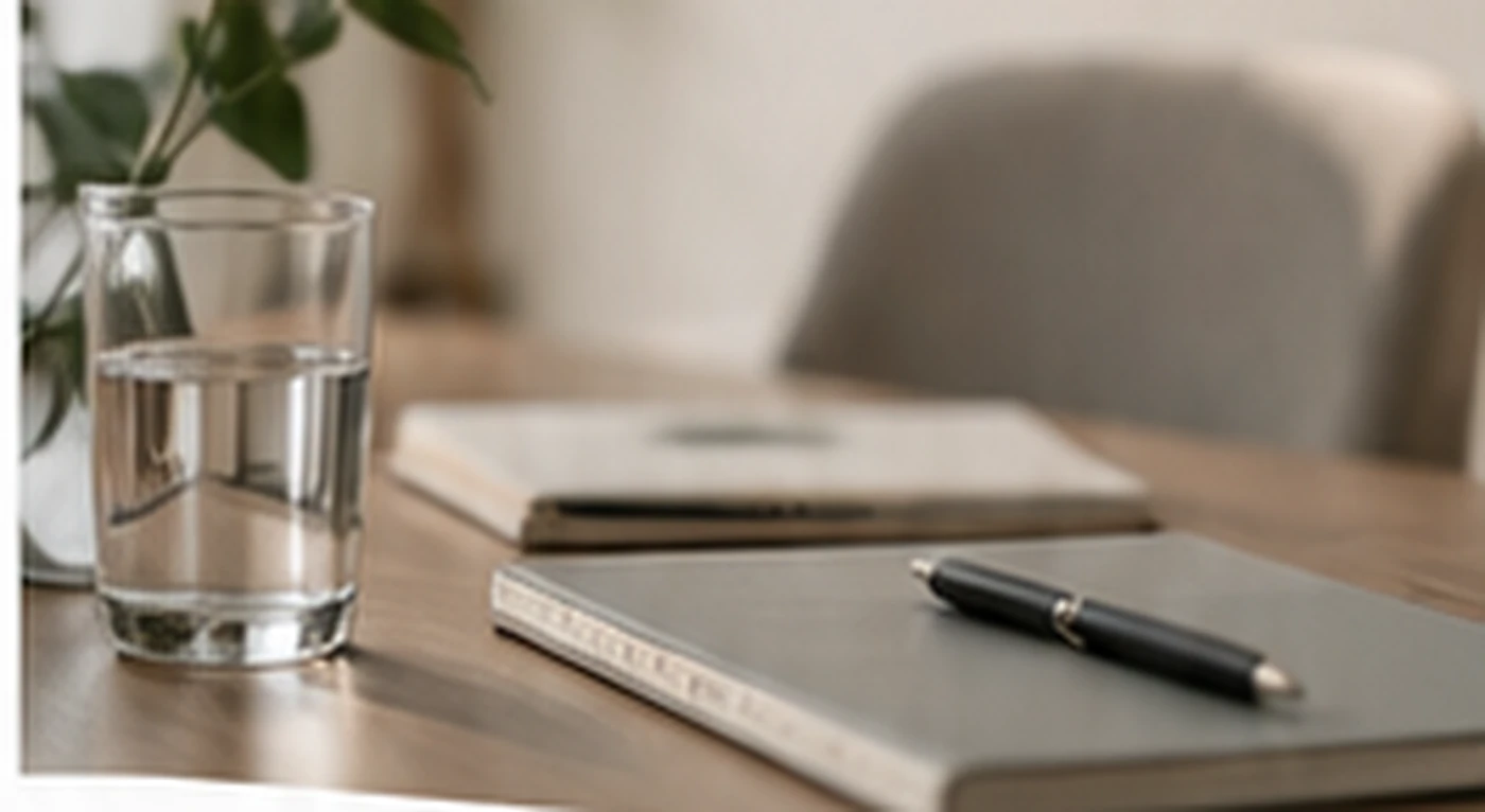 Ruhiger Besprechungstisch mit Wasser, Notizbuch und Stift in einer Praxis