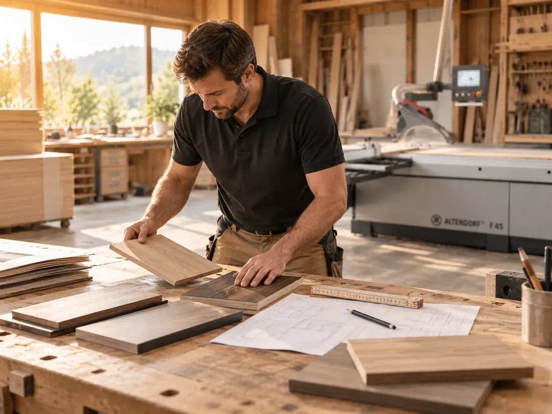 Schreiner vergleicht Holzproben und Materialien am Werktisch